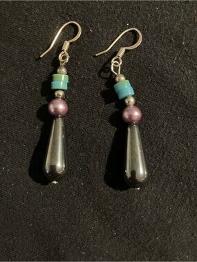 Handmade Hematite Teardrop Earrings with Turquoise and Purple Beads